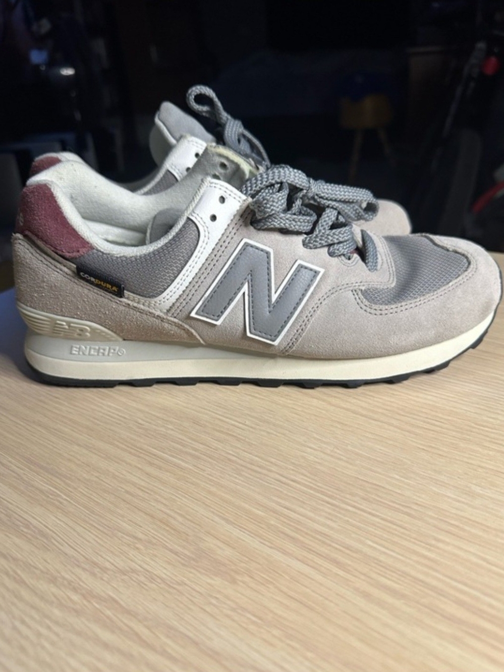New Balance Men's Light Gray Suede & Mesh Sneakers with Burgundy Heel